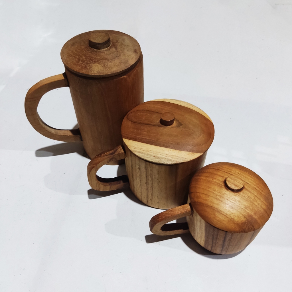 Gelas Kayu Jati Tangkai Wooden Glass Cangkir Kayu Alami 3 Ukuran Gelas Dengan Tutup