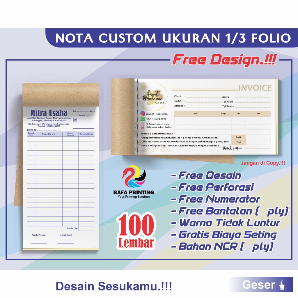 CETAK NOTA CUSTOM  UKURAN 1/3 FOLIO - NOTA TOKO EMAS NOTA LAUNDRY