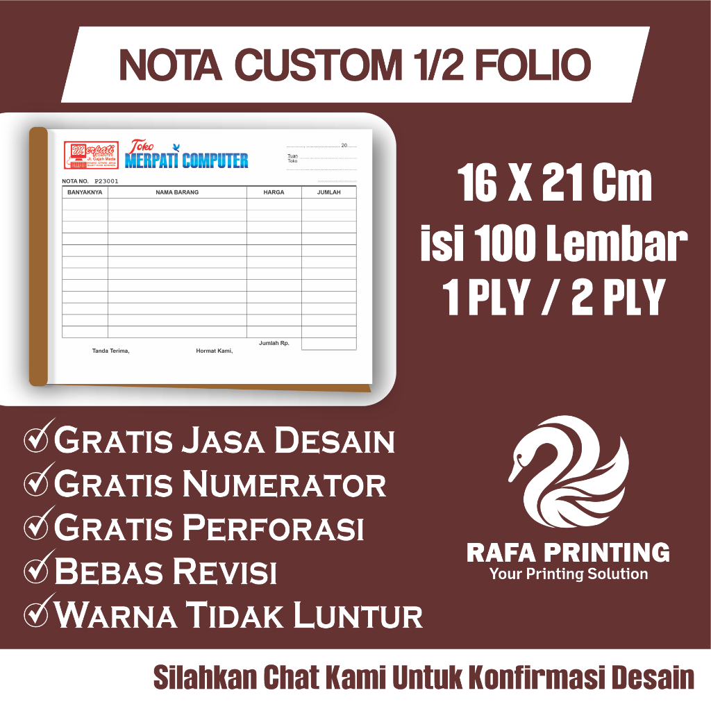 CETAK NOTA CUSTOM UKURAN 1/2 FOLIO FREE DESIGN - KWITANSI CUSTOM