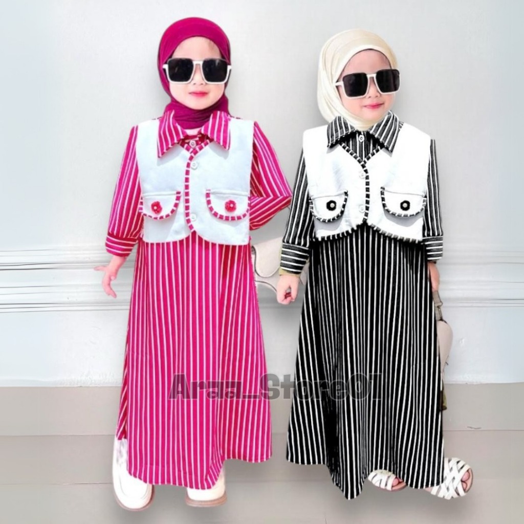 Gamis dress lebaran anak perempuan pakai rompi scuba 1 sampai 12 tahun pakaian muslim anak perempuan