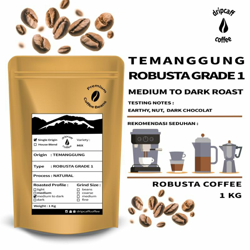 

DRIPCAFF Kopi Robusta Special Temanggung 1Kg Gr Medium To Dark Roast Beans / Bubuk Halus Grade 1