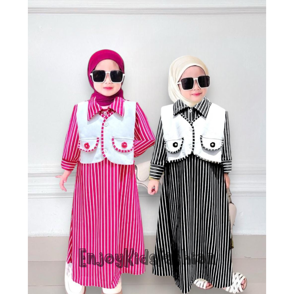 Gamis Lebaran Rompi Muslim Terbaru Model Garis-Garis Anak Perempuan Usia 1 Sampai 12 Tahun