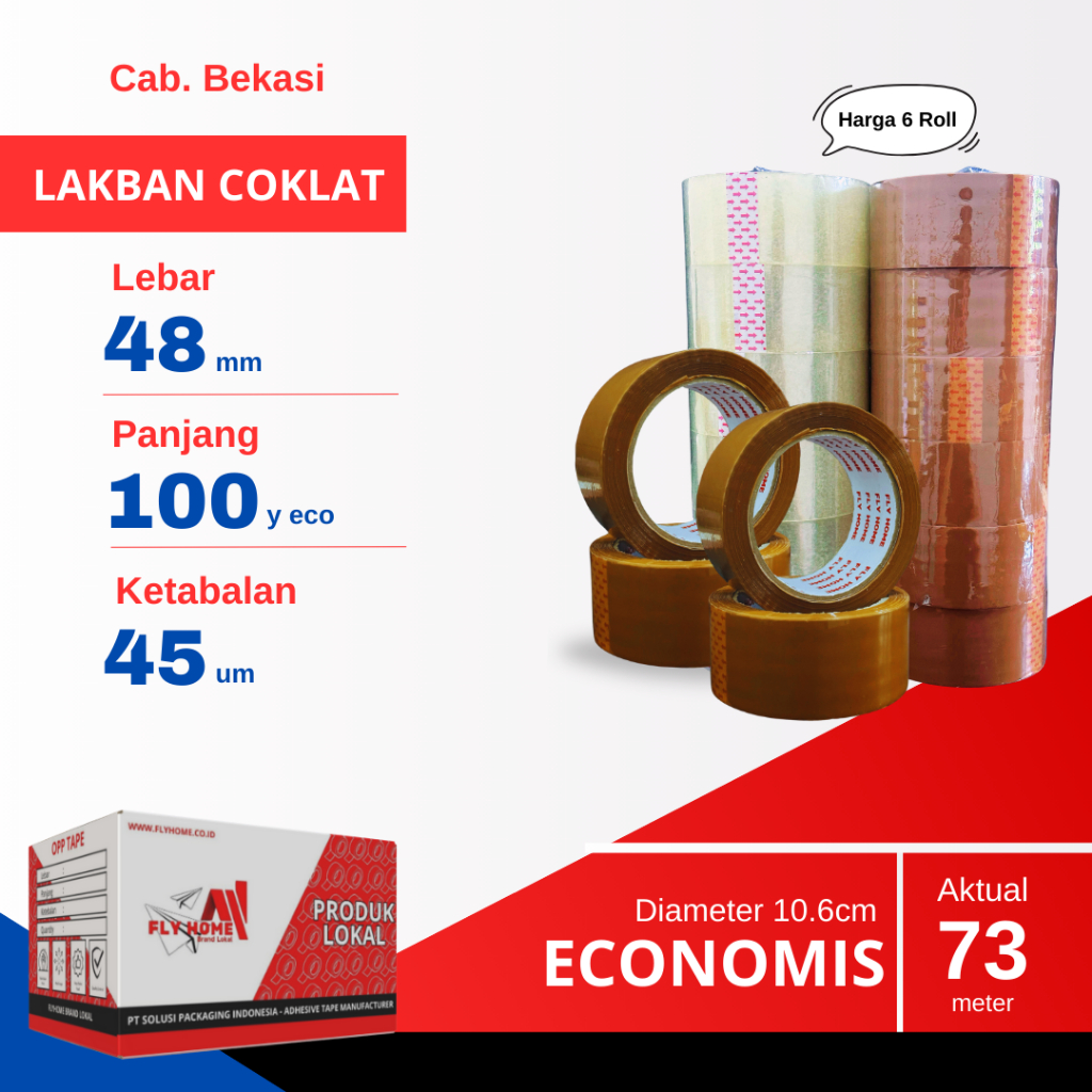 

FLYHOME 6Roll Lakban Coklat 48x100Y 2inchi Solasi Uk Besar ECO 100 yard