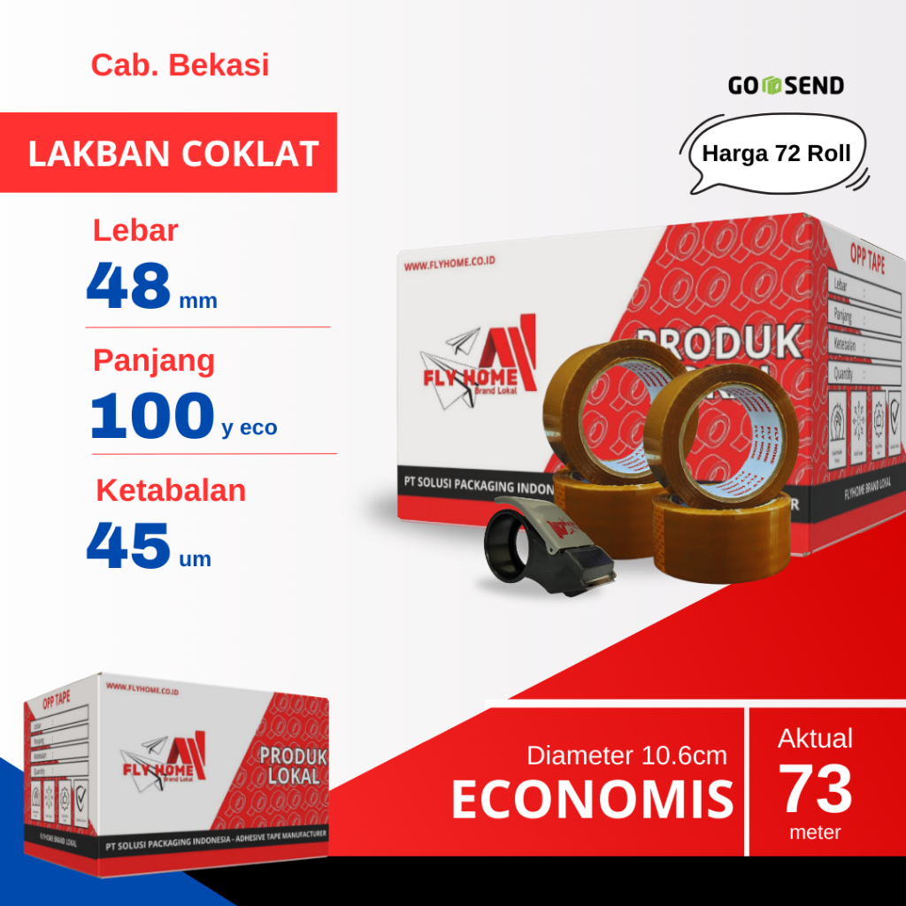

FLYHOME 1Dus Lakban Coklat 48x100Y 2inchi Solasi Uk Besar 72Roll ECO 100 yard INSTAN