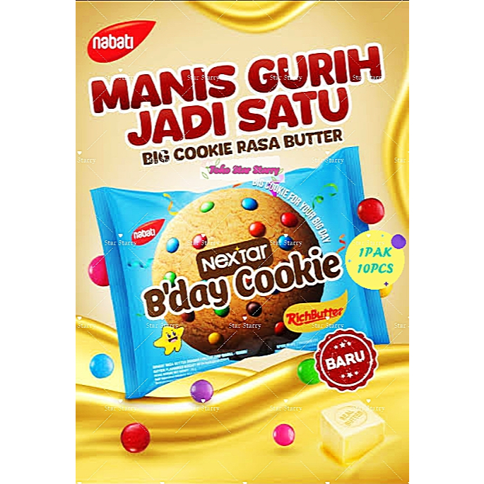 

[Per Pack] NEXTAR BIRTHDAY COOKIE RICHBUTTER [ 1 RENCENG ISI 10 CS @30G ] | NABATI NEXTAR COOKIE | | NABATI NEXTAR BDAY COOKIE 10 PCS PER PACK 1Pack = 10 bungkus Snack Viral Hala MUI Cookies