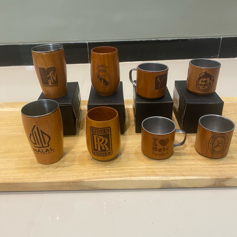 Gelas Kayu Cangkir Mug Sloki Wooden Glass Bisa Custom Grafir Brand Logo