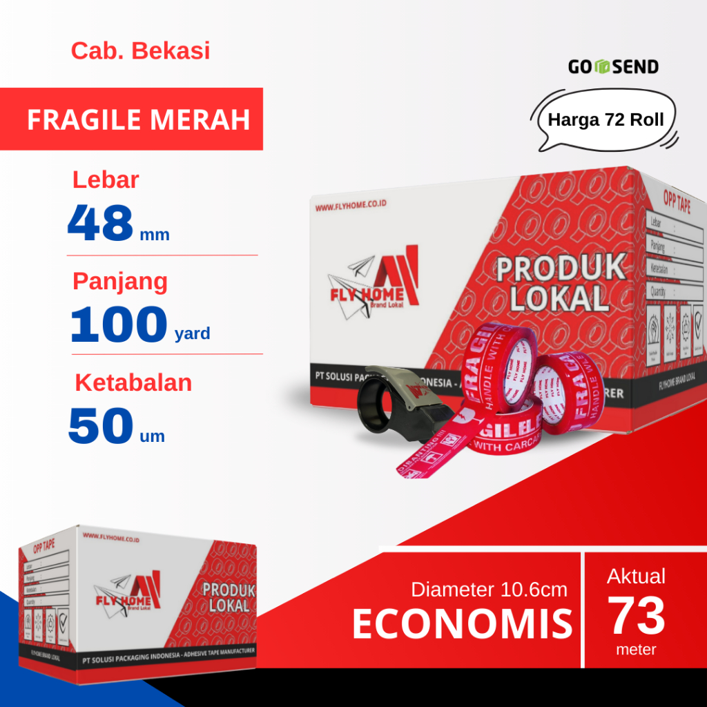 

FLYHOME 1Dus Lakban Fragile Merah 48x100Y 2inci Uk Besar 72Roll ECO 100 Yard INSTAN