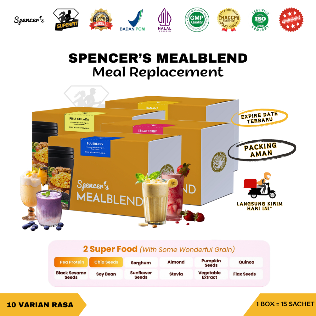 

SPENCERS MealBlend Paket 4 Box / 60 Sachet Spencer's Meal Blend Replacement Nutrisi Harian Diet Sehat Lezat Multigrain SUPERFOOD Pea Isolate Protein Chia Seed Quinoa Almond Natural Fiber LIFE X SuperGreen Matcha Detox VEGAN Lactose Gluten Free BPOM HALAL