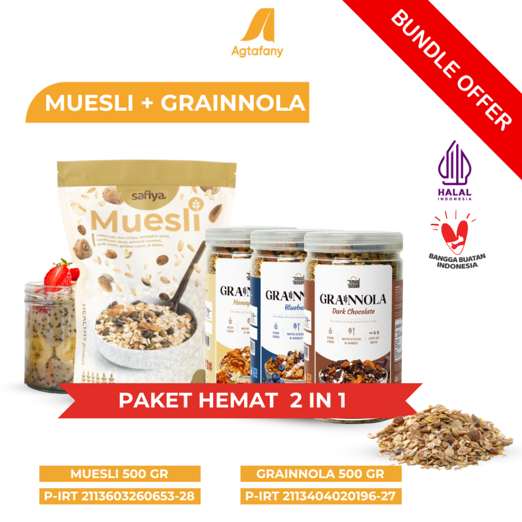 

[Paket Hemat] Muesli Safiya 500 gr + Grainnola 500 gr Timur Tengah Dark Chocolate Coklat Blueberry Vanilla Honey Granola | Sereal Oatmeal Sarapan Sehat Camilan Healthy Food