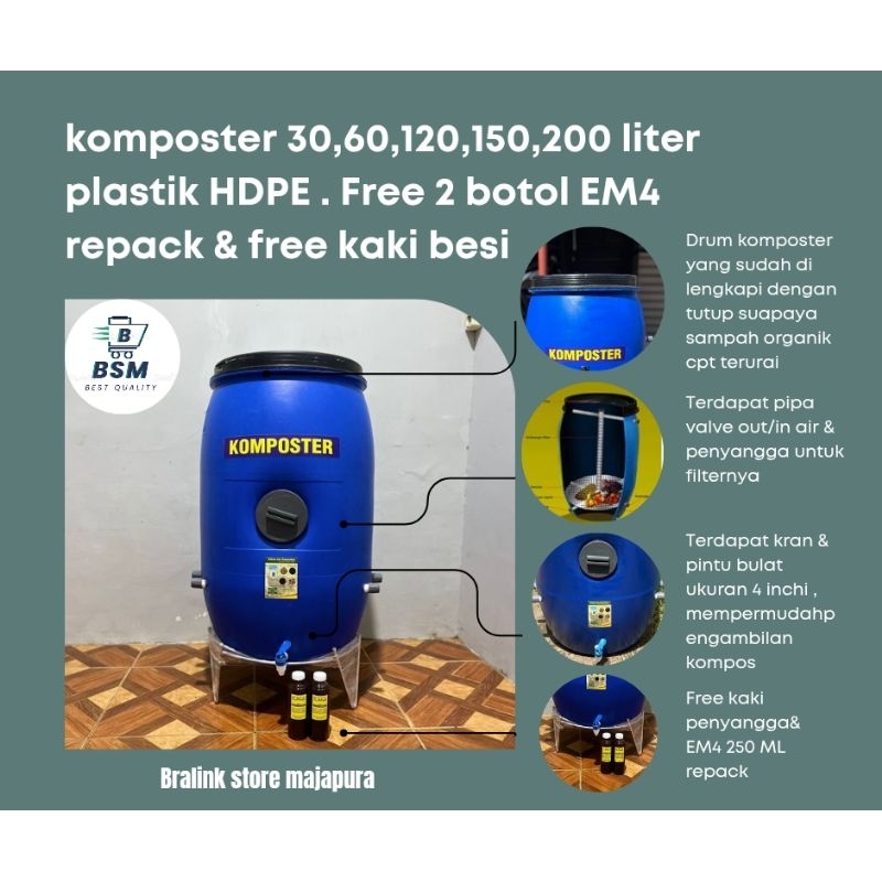 Drum komposter/tong sampah/drum sampah organik/poc 30,60,120,150,200 liter HDPE free kaki & EM4 250m