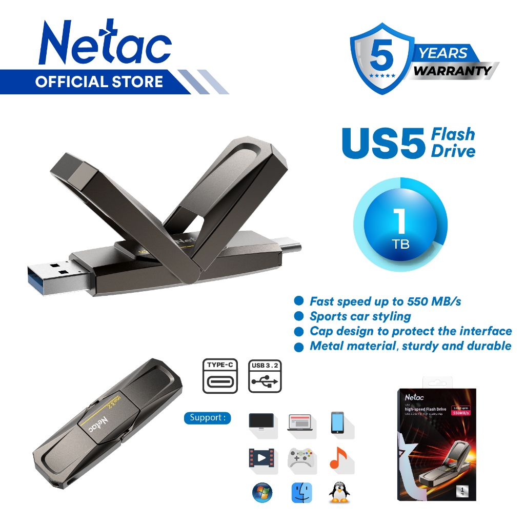 JEAN_ Netac OTG Flashdisk US5 USB 3.2 + Type C Solid State Flash Drive 1TB Dual Flash Disk Drive up