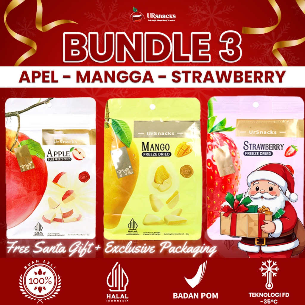 

URSNACKS BUNDLE 3 [LIVE] - Freeze Dried Fruit Rasa Mango + Strawberry + Apple - Halal BPOM
