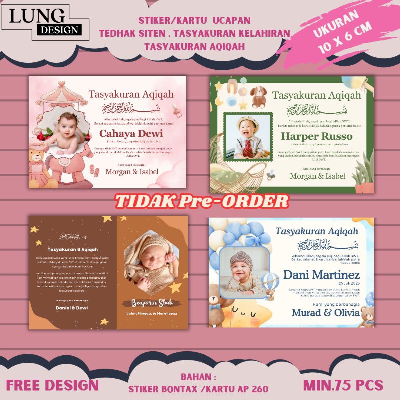 Cetak Kartu/Stiker Tasyakuran Aqiqah, Custom Stiker Tasyakuran Aqiqah /Stiker Aqiqah Bayi, Desain Mo
