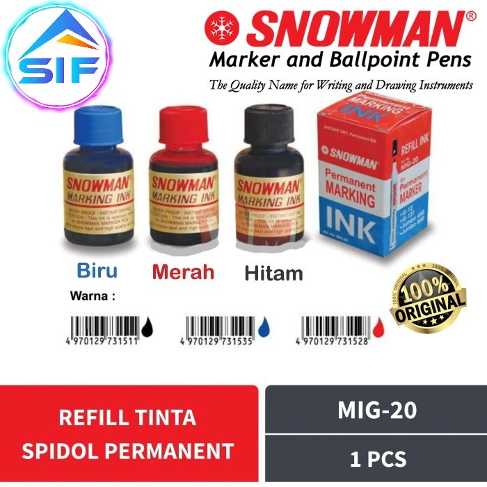 

Tinta Spidol Permanent Snowman Isi Ulang Sepidol Refil Asli Original Botol Warna Hitam Merah Biru Permanen