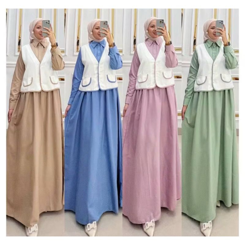 MIDI dress Renata plus vest terpisah // gamis MIDI Renata set rompi bahan crinkle airflow