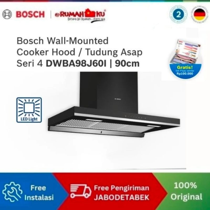 Bosch DWBA98J60I Wall-Mounted Cooker Hood 90 cm Flat Black Seri 4