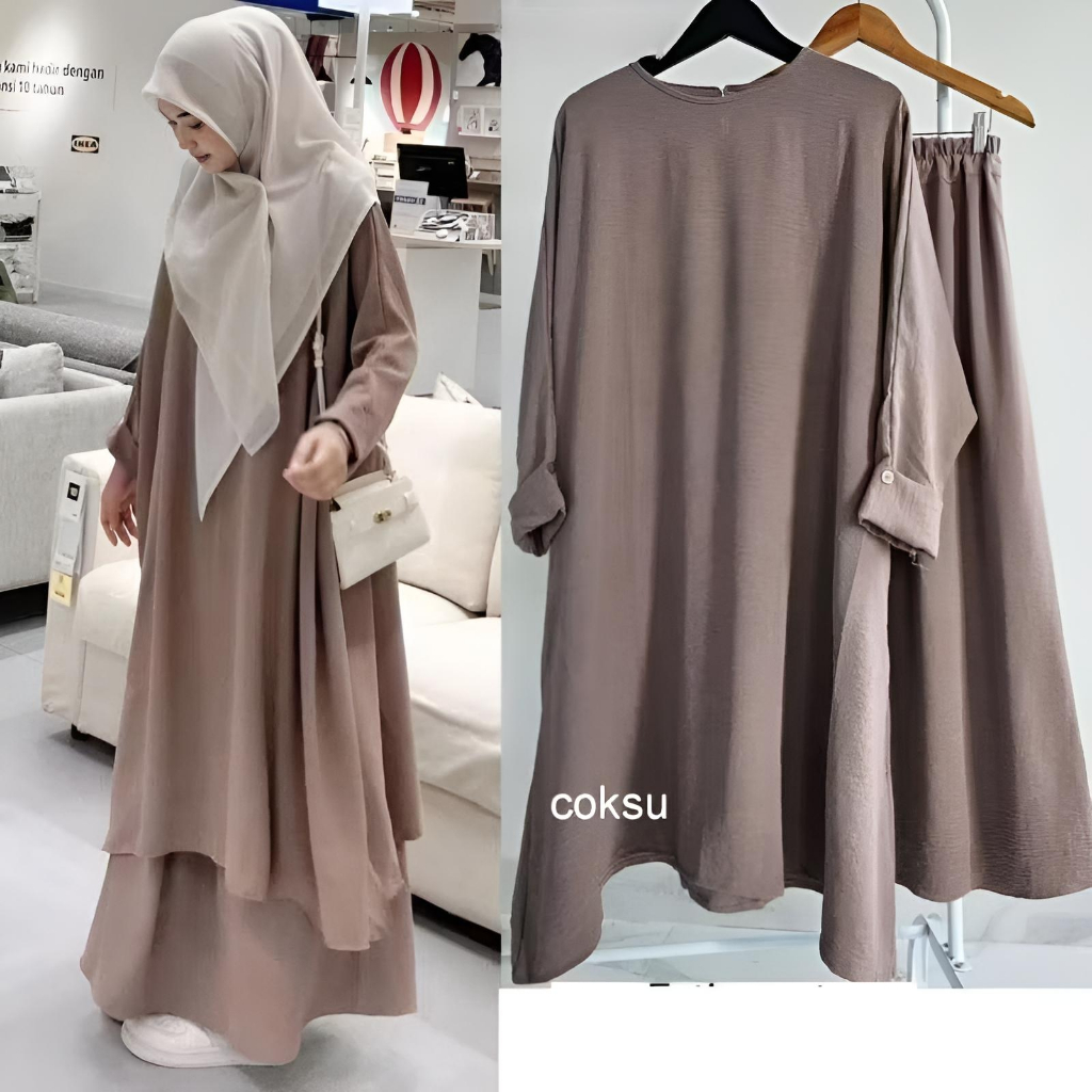 One Set Abaya Fatiya Set Crinkle Airflow Premium Tunik Rok Jumbo