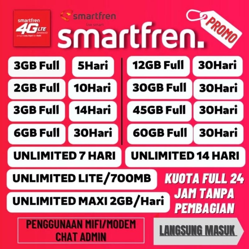 PAKET DATA KUOTA SMARTFREN UNLIMITED NONSTOP KUOTA FULL 24 JAM