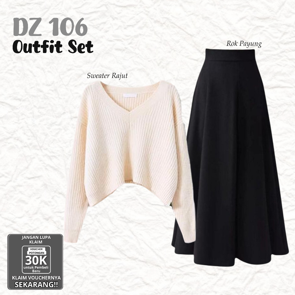 DZ - Set 106 | Setelan Baju Atasan Wanita Terbaru (Sweater Rajut + Rok Payung Scuba) Outfit Set