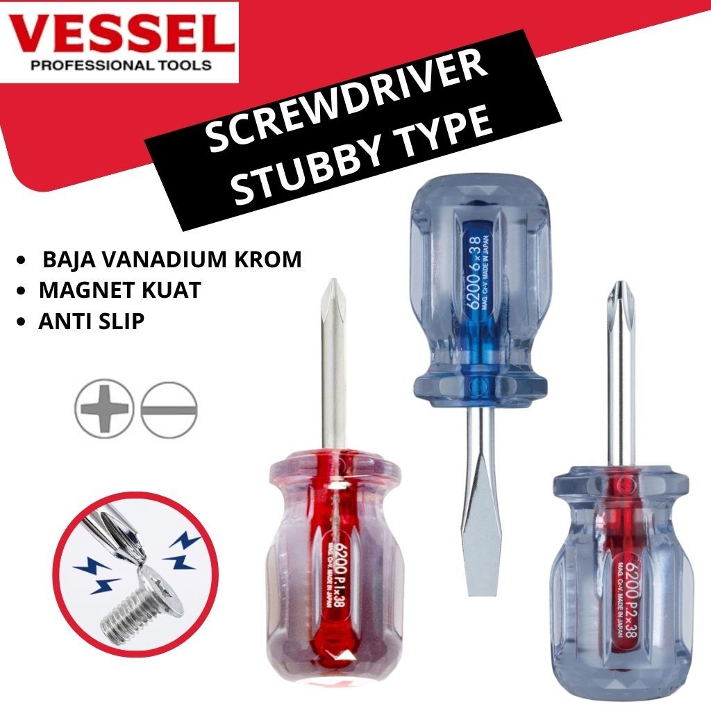 VESSEL Obeng Mini No. 6200 Crystaline Screwdriver Stubby kecil Plus +1 +2 Minus Magnet -6 Cebol Ori