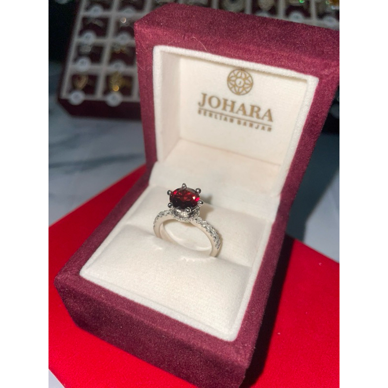 “JOHARA BERLIAN” cincin wanita berlian eropa + batu garnet ring perak