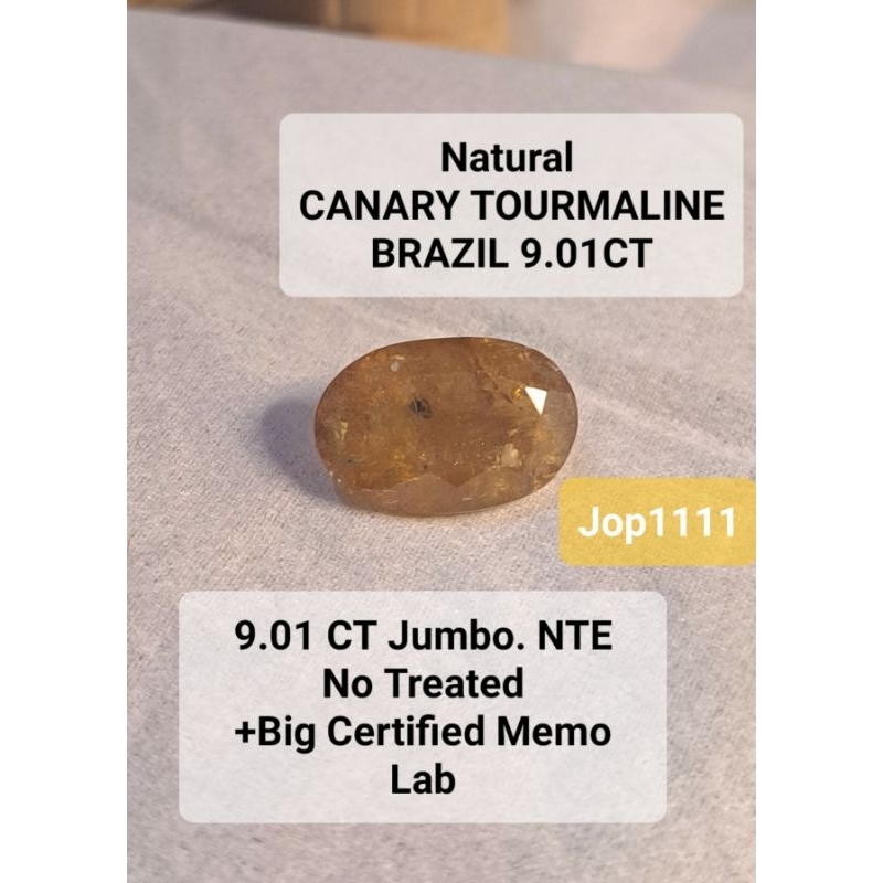 Natural CANARY TOURMALINE BRAZIL JUMBO 9 CT NTE No Treated + Certified MEMO Lab Batu Bersertifikat |