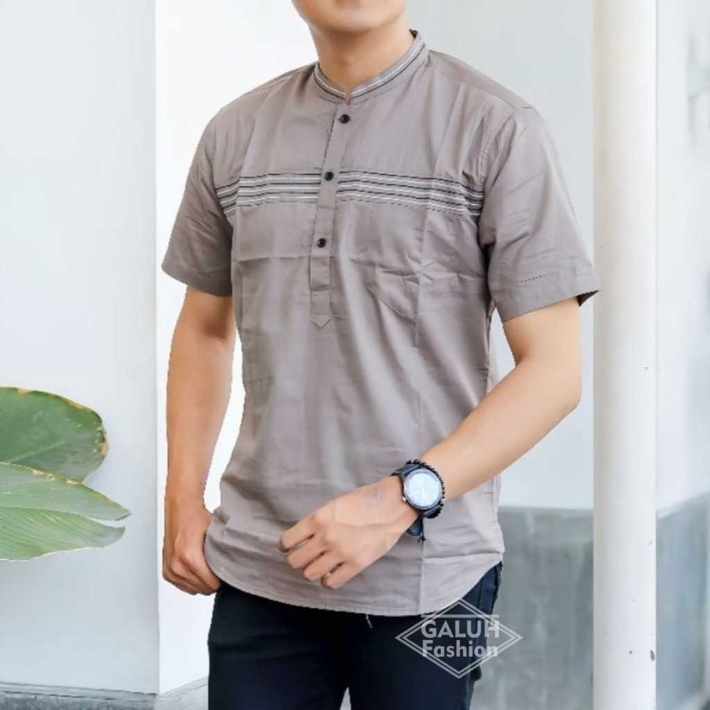 Baju Koko Lengan Pendek Bordir MH Baju Muslim Pria Bahan Adem Terbaru