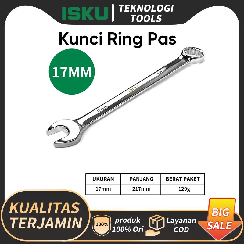 ISKU Kunci Ring Pas Satuan 8-24mm Combination Wrench Baja CR-V Alat Buka Baut Mur Bengkel Motor Mobi