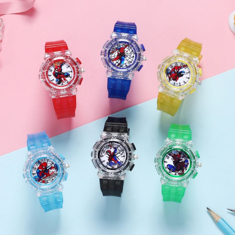 Jam Tangan Anak Lampu LED Spiderman Bisa Nyala Bercahaya Motif