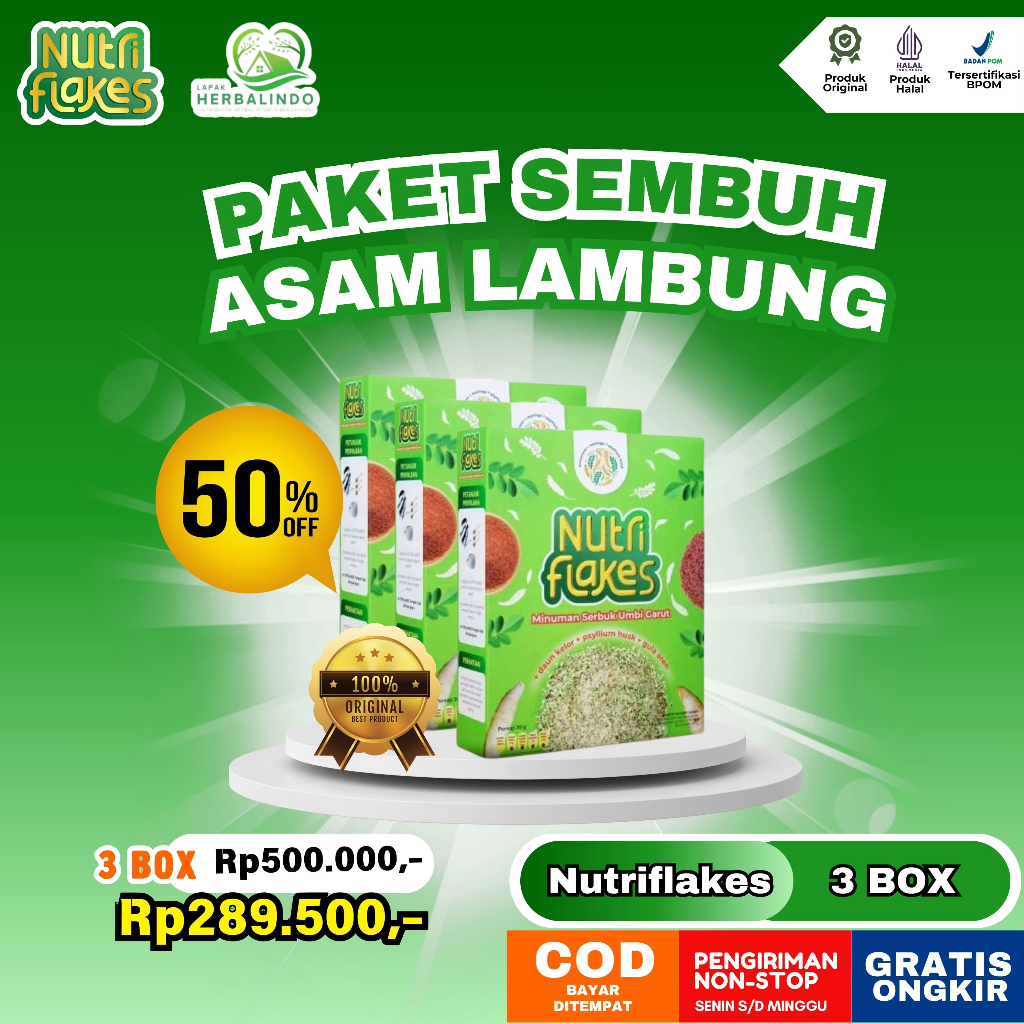 

Paket 3 Box Nutriflakes - Sereal Umbi Garut Ampuh Atasi Asam Lambung, Maag dan Gerd