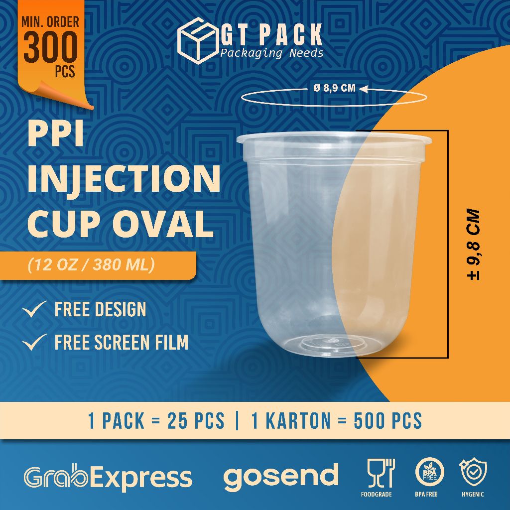 Cup Plastik PP Injection Oval 380 ML (Clear) + Tutup
