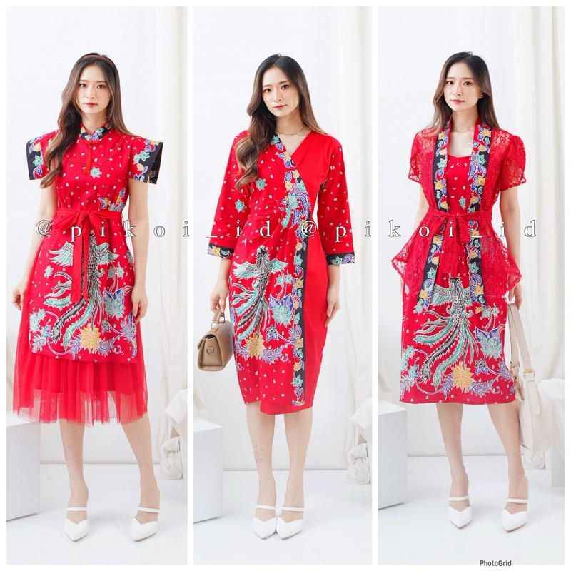 Couple batik merah / dress cheongsam merah burung rejeki / kemeja merah imlek sincia 2025 / MEILIN