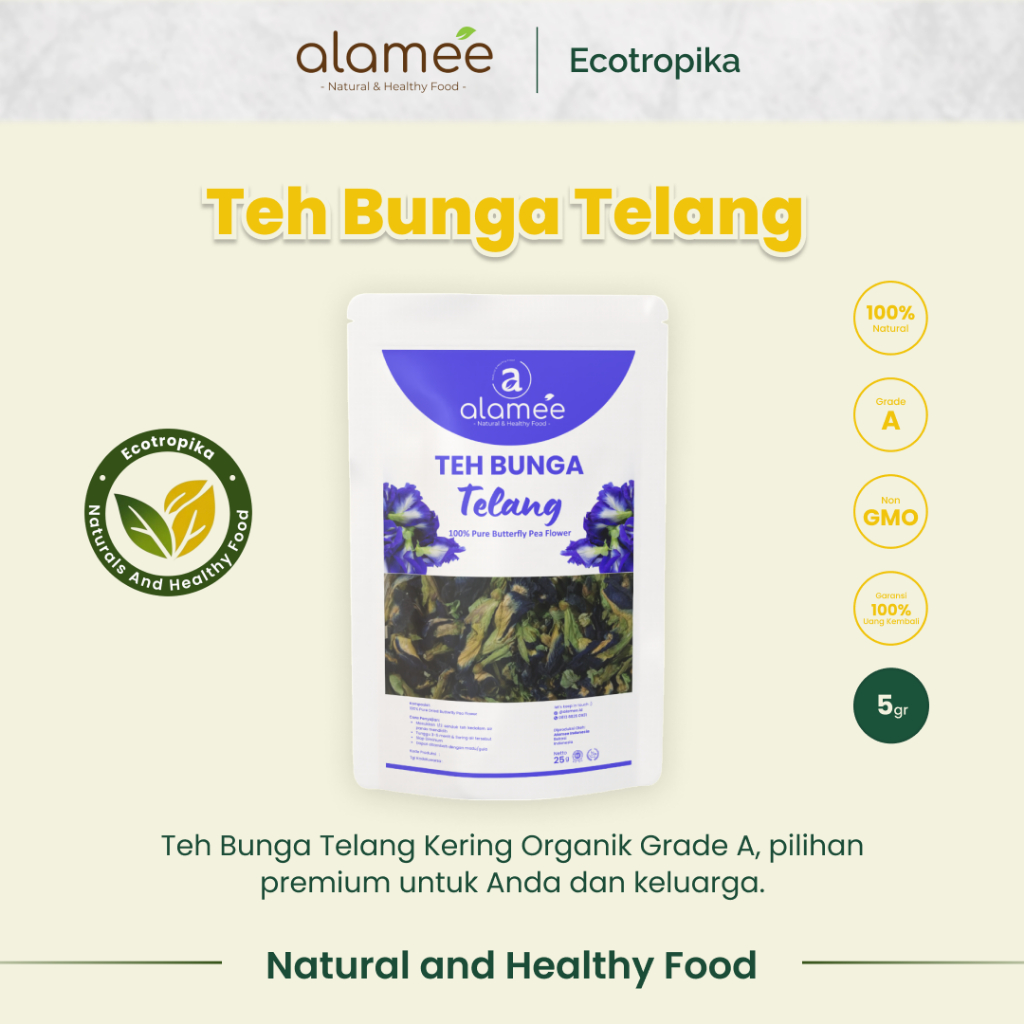 

Teh Bunga Telang Butterfly Pea Tea Kering Organik Herbal Dried Flower Premium Kemasan 5gr