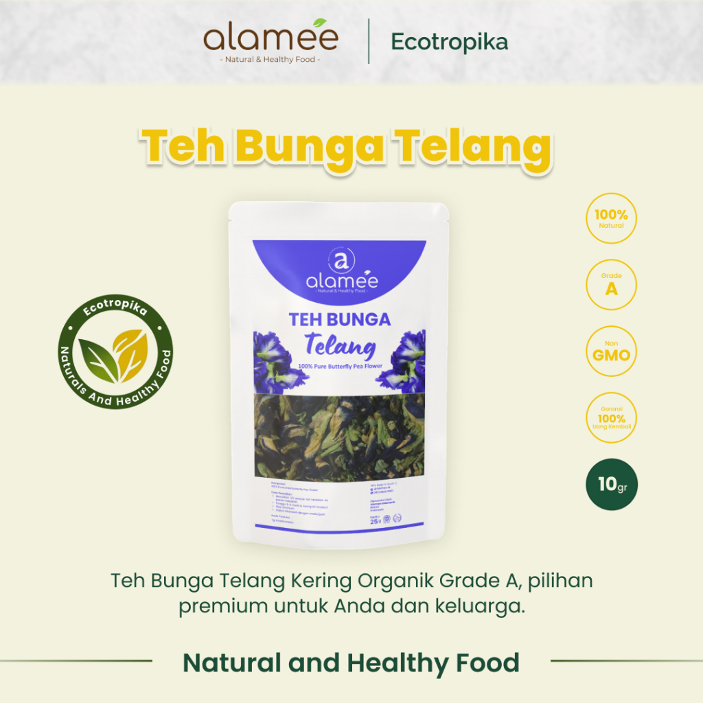 

Teh Bunga Telang Butterfly Pea Tea Kering Organik Herbal Dried Flower Premium Kemasan 10gr