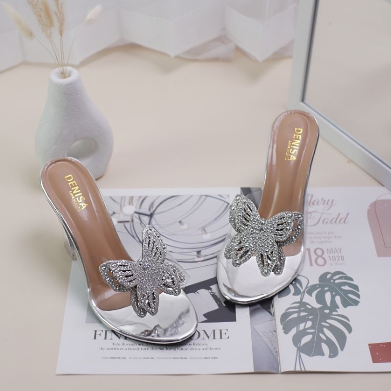 Sandal Highheels hak kaca wanita Denia 02 mika/Heels pesta kondangan heels Chunky tinggi 9cm