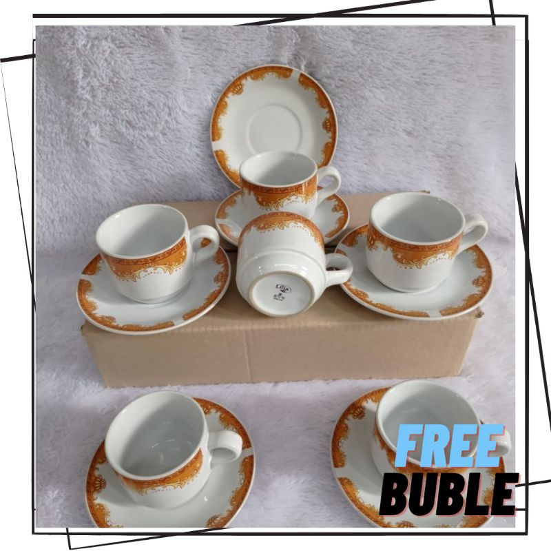 Cangkir kopi set cangkir keramik motif mahkota+tatakan