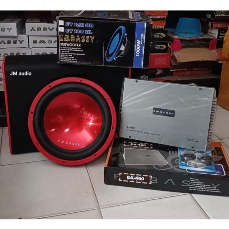 Paket Audio Mobil Power 4ch EMBASSY EA-460, Subwoofer EMBASSY EY-128 12inch,Box Speaker 12inch + Twe