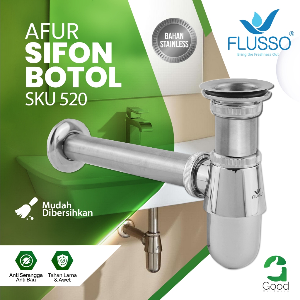 Flusso Sifon Botol Stainless Sifon Pembuangan Wastafe Cuci Tangan Jumbo Afur Wastafel 520