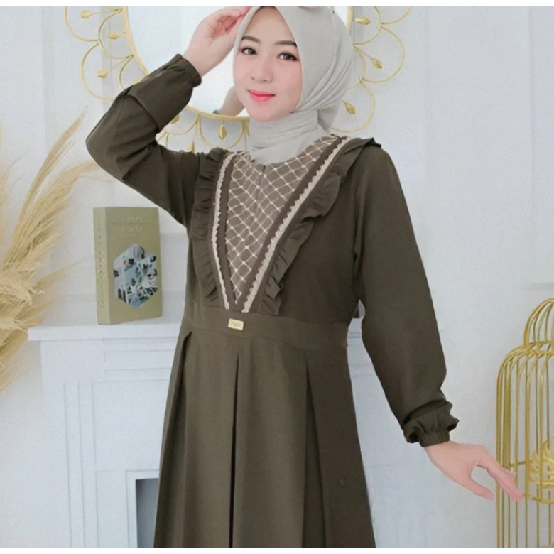 Sella Dress Crinkle Airflow Mix Brokat Kekinian / Gamis Crinkle Dewasa Kondangan / Gamis Lebaran