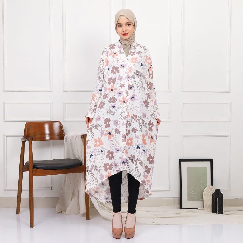 TUNIK RAYON PREMIUM | tunik rayon motif bunga_Putih