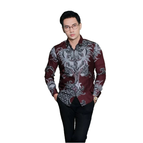 Baju Kemeja Batik Pria Lengan Panjang Slimfit Katun Premium Warna Merah Burgundy