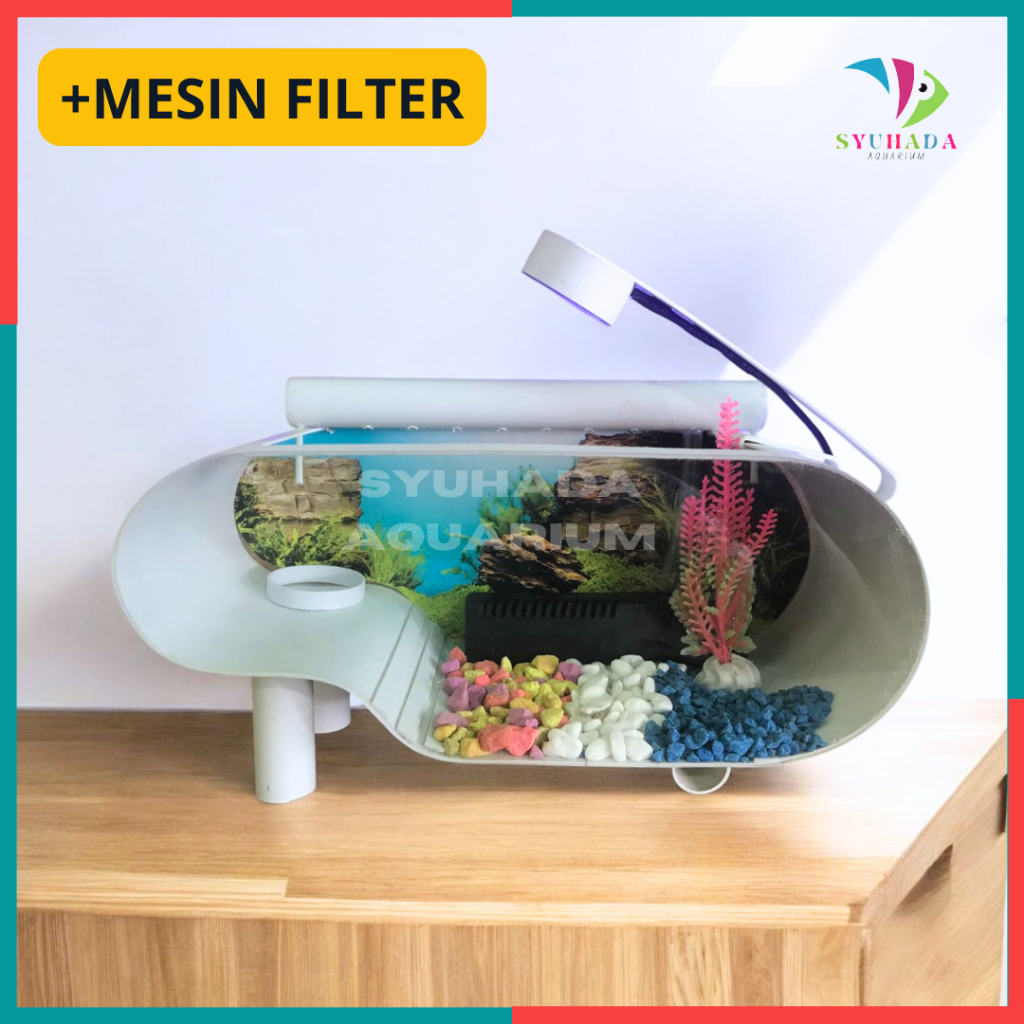 Aquarium mini serbaguna untuk segala jenis ikan hias dan kura kura lengkap dengan mesin filter sirku