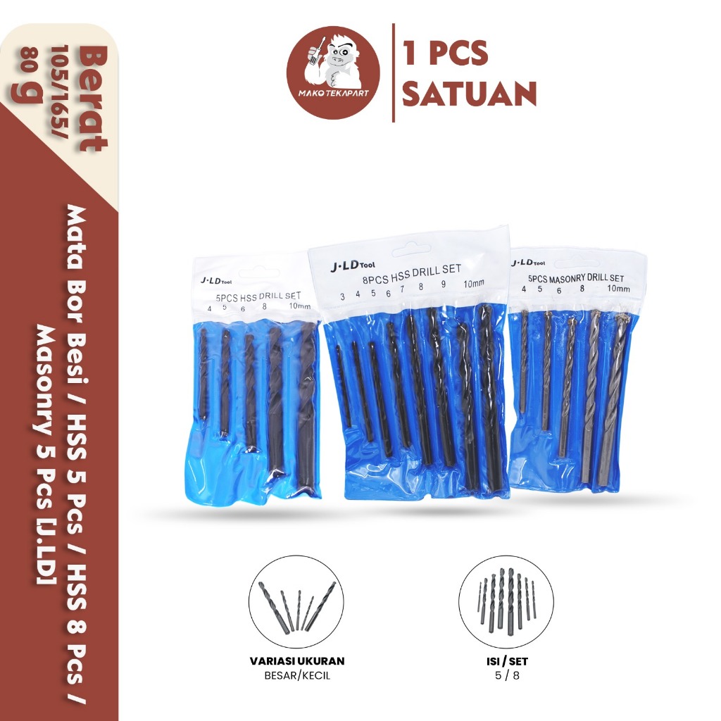 JLD Mata Bor Besi Beton Kayu Set 5 / 8 Pcs ukuran 3-10mm Bor HSS Bor Masonry