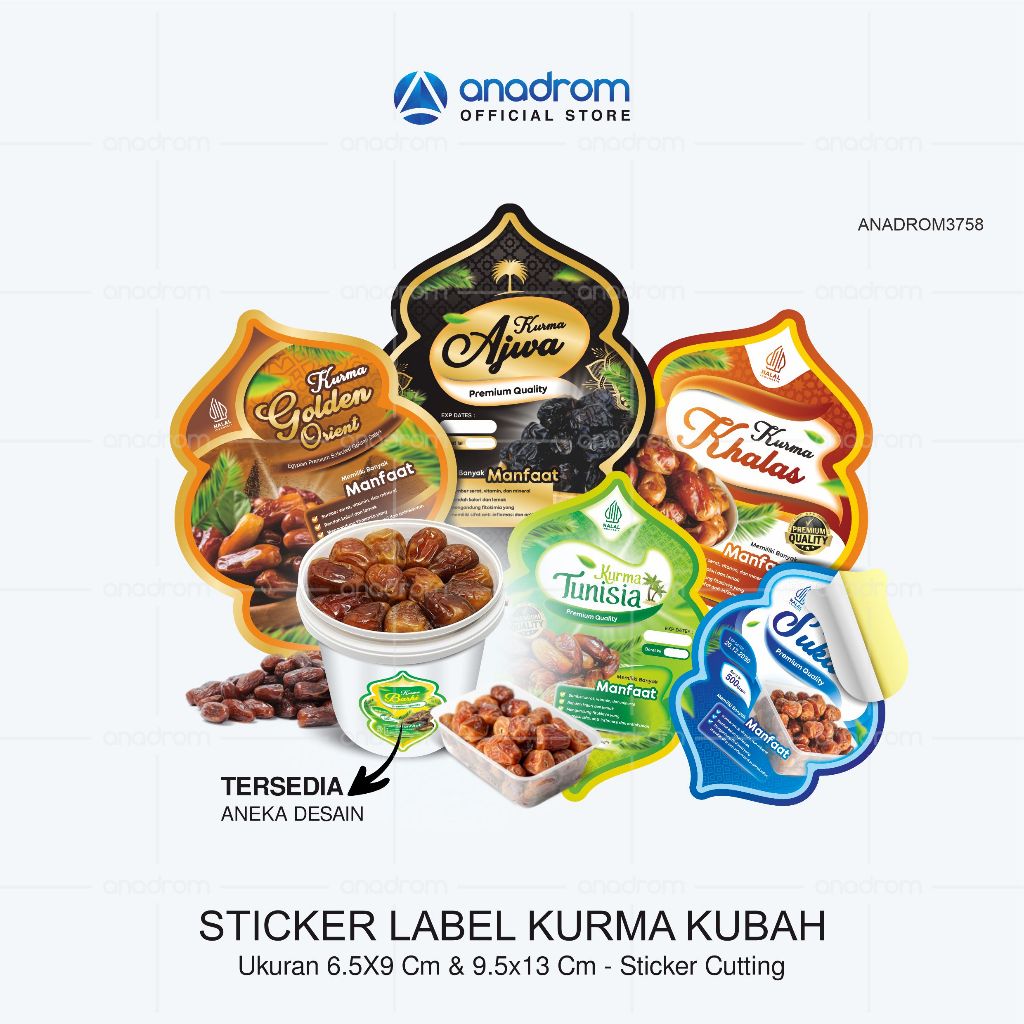 

Sticker Label Kurma Kubah | Sticker Kurma Sukari, Khalas, Ajwa Madinah, Tunisia, Golden Valley, Golden Orient, Medjol | Anadrom 3758