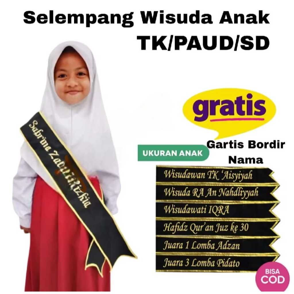 slempang wisuda anak PAUD/TK/SD/MI/DINIYAH/custom nama suka suka