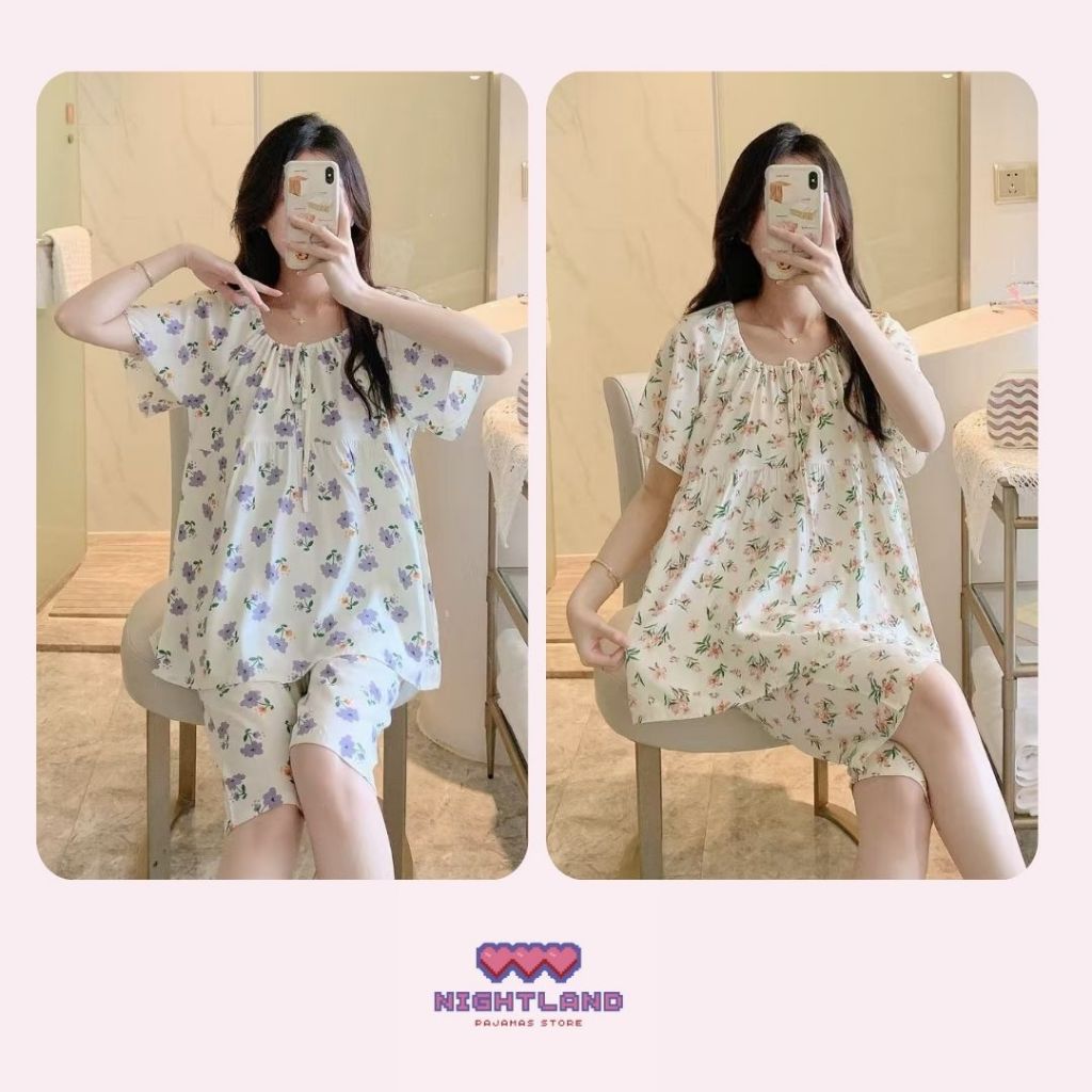Baju Tidur Rayon 1 SET Lengan Pendek Baju Santai Rumah 1 Baju Lengan Pendek + 1 Celana Pendek [2608]