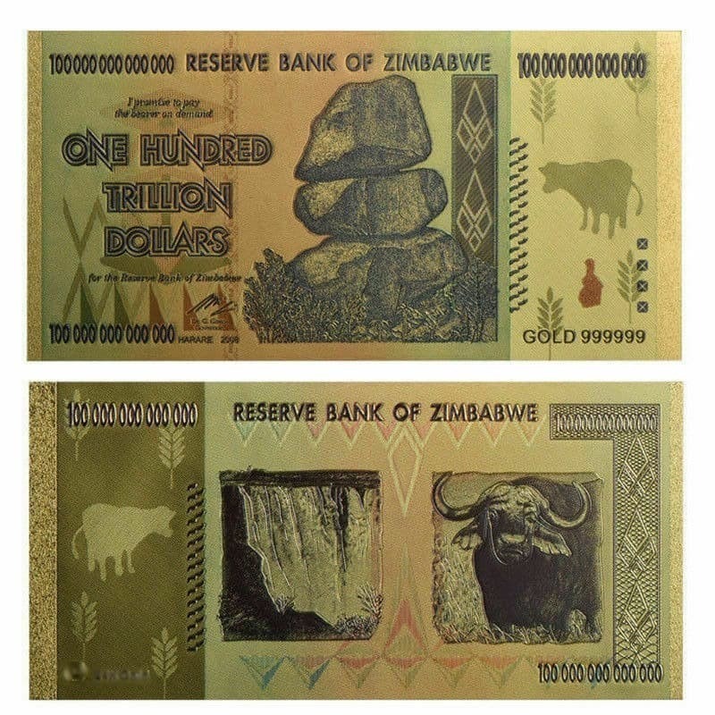 Zimbabwe Gold Foil 100 000 000 000 000 Dollar Souvenir