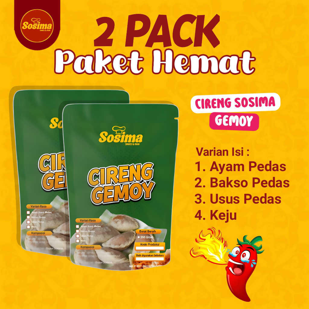 

BUNDLING 2 PACK CIRENG GEMOY ISI AYAM PEDAS / BAKSO PEDAS / USUS PEDAS / KEJU - Sosima Snack & Food