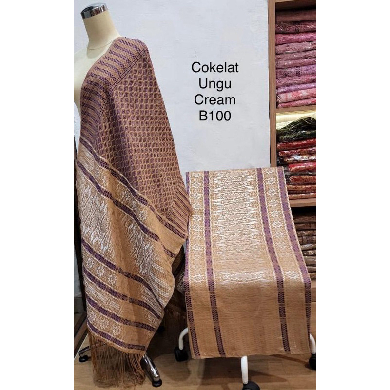 Songket Tumtuman Tanpa Sambungan Benang 100 Warna Cokelat Marun Cream