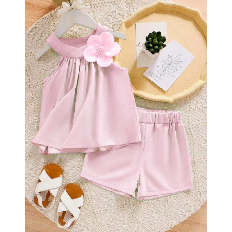 [3-7] SETELAN CELANA PENDEK ANAK PEREMPUAN HALTER TOP WARNA HIJAU [FLOWER ORGANZA]